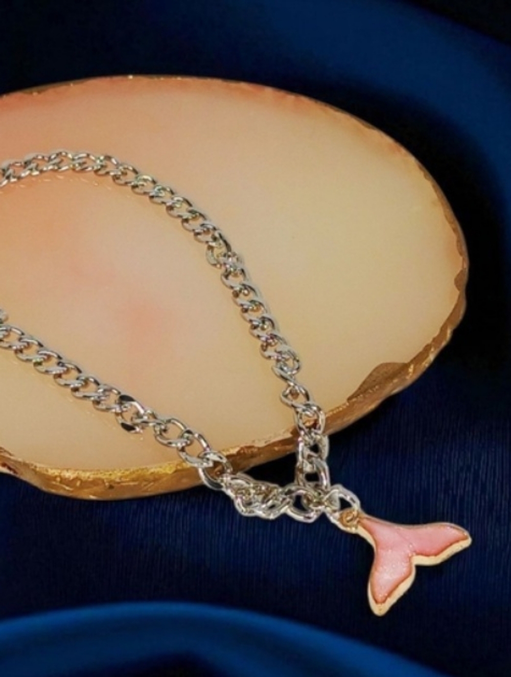 White Gold Ankle Bracelet with Pink Mermaid Tail Preppy Oceancore Seaside Beachy